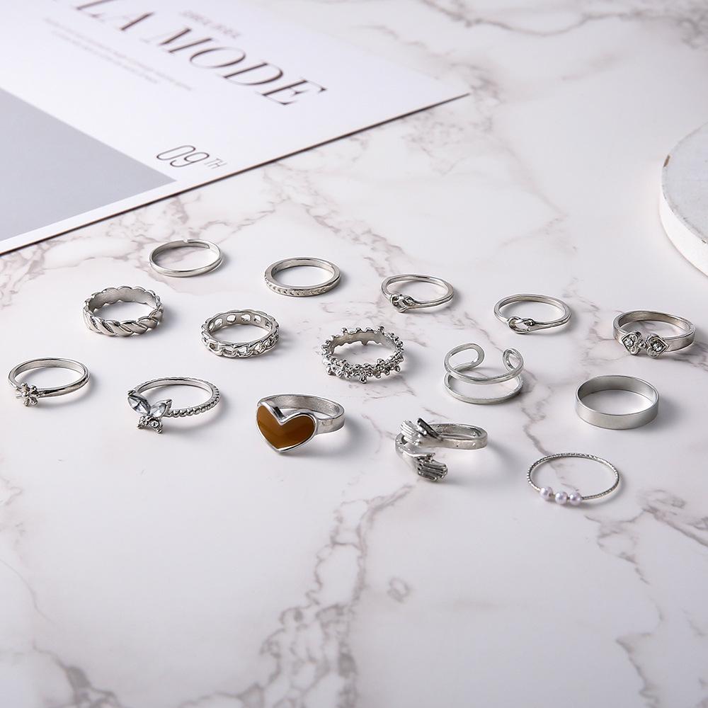 Heart-Shaped Butterfly and Diamond-Accented Braided Ring Set - 15 Pieces