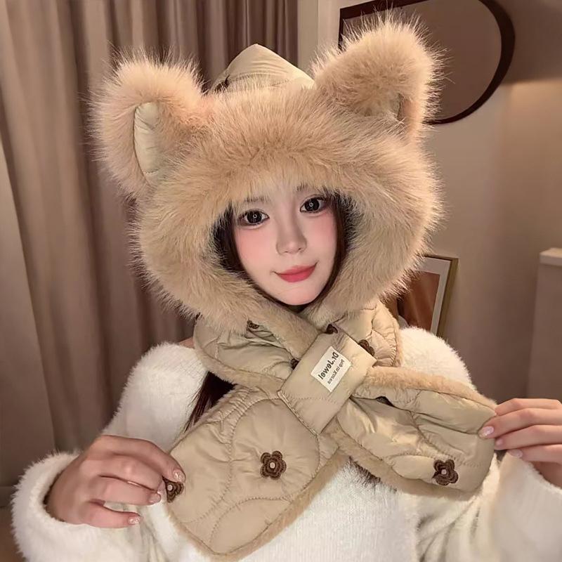 

Cute Women s Plush Hat Thickened Scarf Cycling Lei Feng Hat Ear Protection Cap коричневый