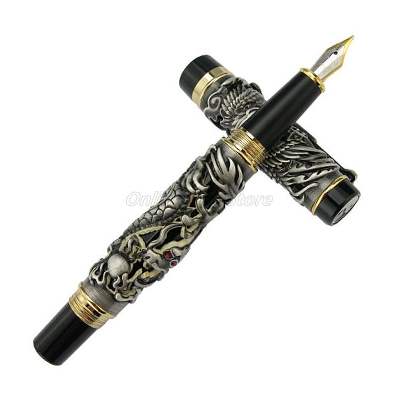 Jinhao Vintage Intaglio Metallico Goffratura Drago e Fenice Pennino Medio Pennino Pesante Penna Stilografica Nobile Ufficio Scuola