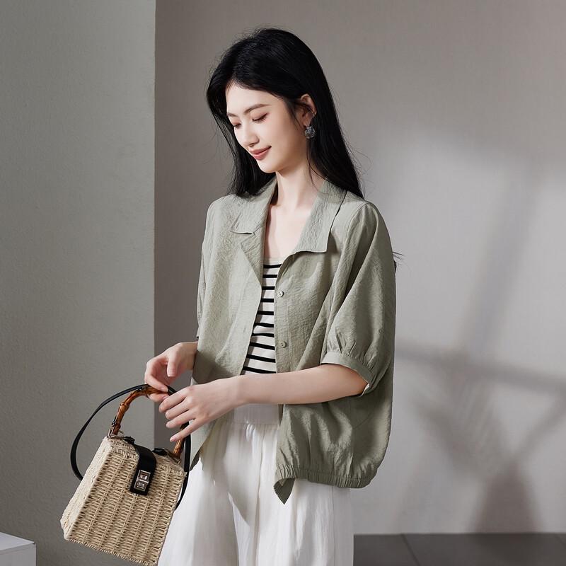 SOFSIL Women s Silk Blend Puff Sleeve Lapel Shirt L