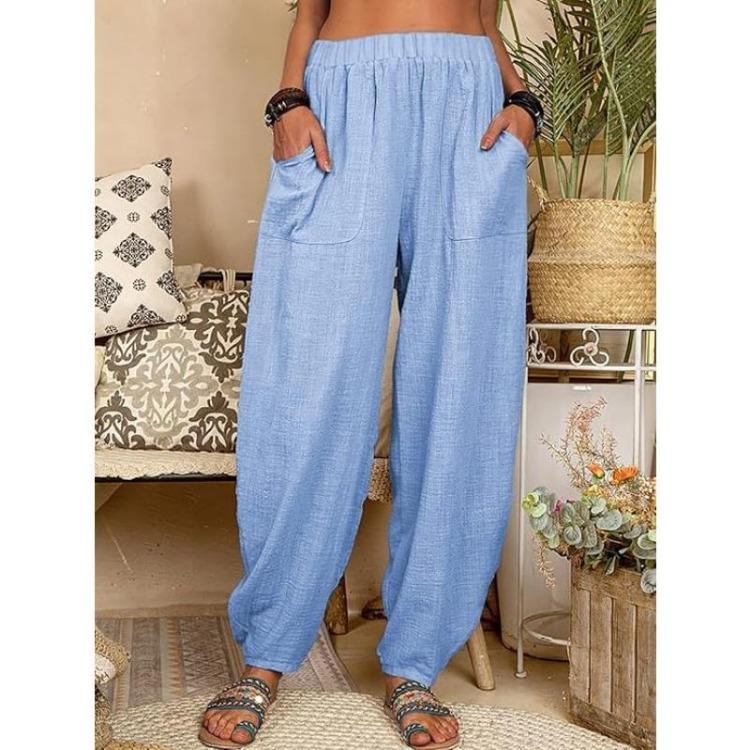 Summer Casual Women's Cotton Linen Elastic Waist Wide Leg Retro Harem Pants Large Size Home Pants