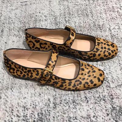French Leopard Print Leather Flats Mary Jane Women's Shoes One-word Buckle Belt Square Head Soft Sole Single Shoes Ladyshoes