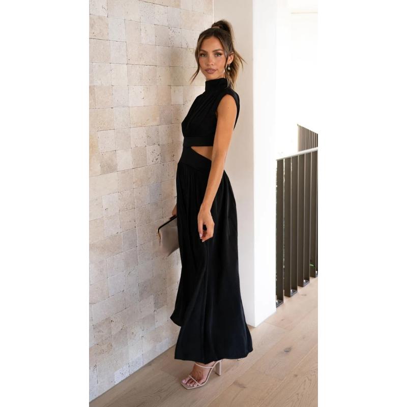 Vestido elegante para mujer, moda informal de verano, Color sólido, sin mangas, vestido sin espalda, vestido largo plisado calado Sexy para mujer