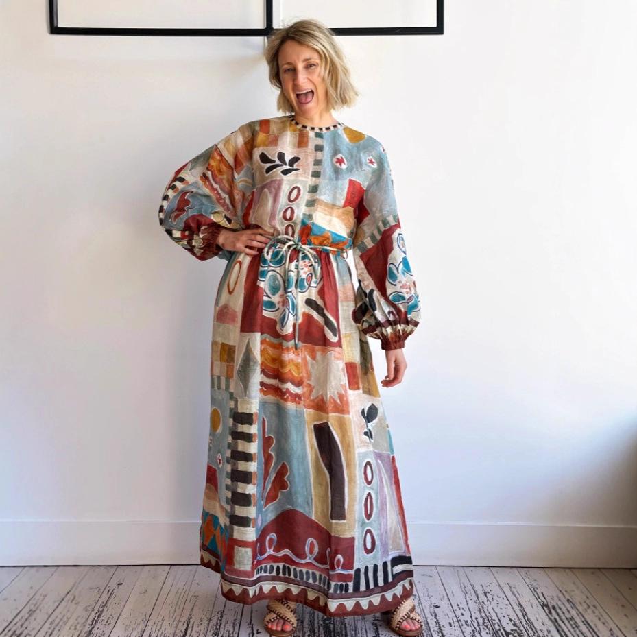 2025 European & American Casual Fashion Linen Graffiti Print Dress Double Extra Large цветочный