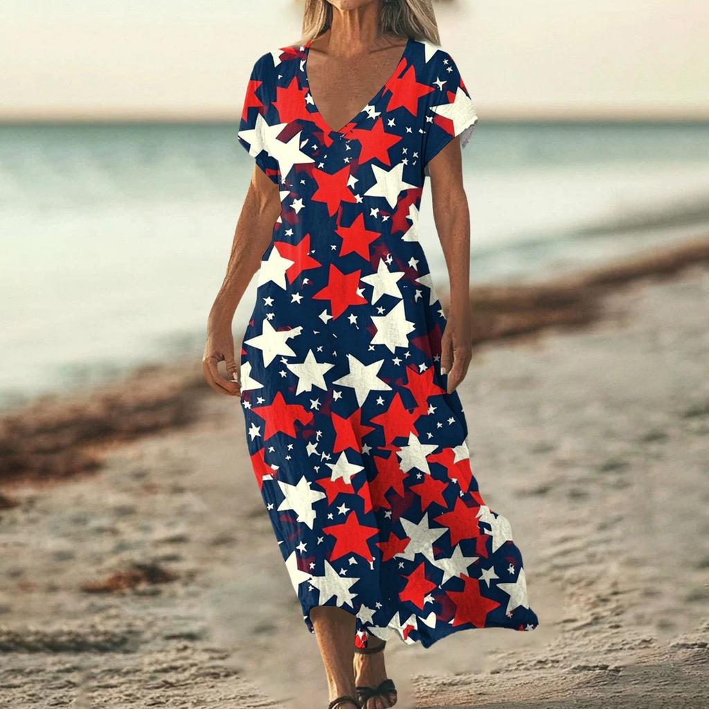 Women’s V Neck Short Sleeve Maxi Dress with Abstract Tie Dye Print Loose Fit Summer Beachwear for Casual Daily Wear