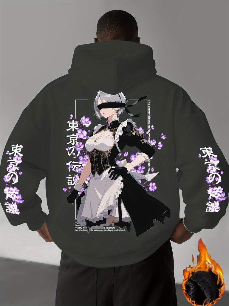 Men's Autumn/Winter Casual Sports Street Style Comic Fighting Maid Print Warm and Comfortable Hooded Sweatshirt