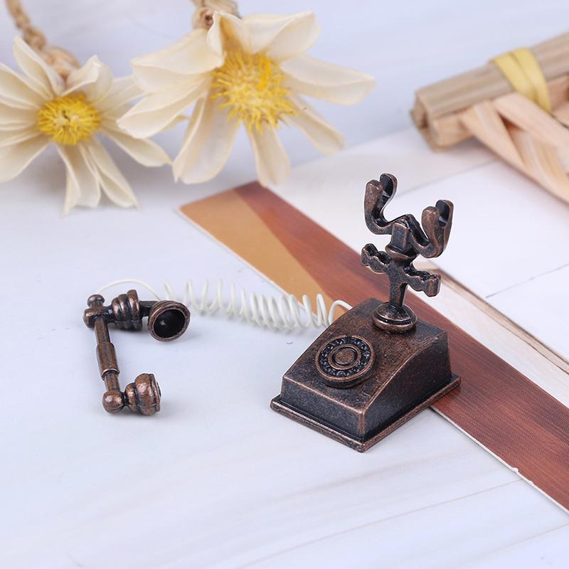 1:12 Miniature Vintage Typewriter Telephone Metal Model for Study Work Living Room Dollhouse Furniture Toys Doll House Decor