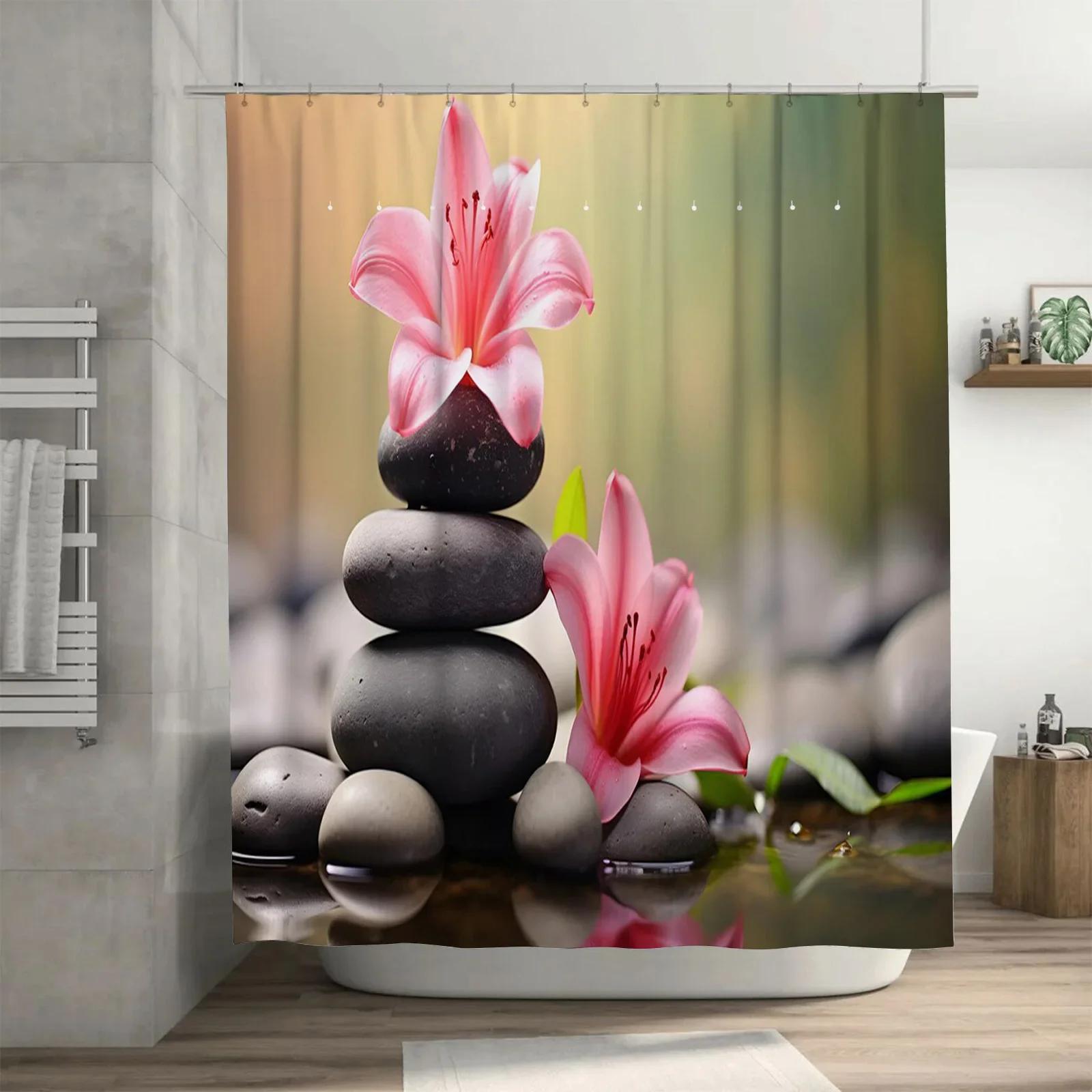 

Zen Stones and Pink Lilies Waterproof Shower Curtain Heat Resistant Machine Washable Non-Transparent 180x180cm W90xH180cm