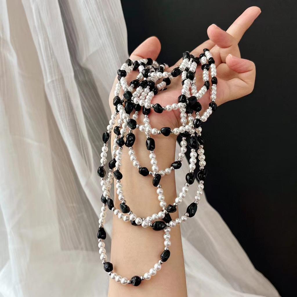 Vintage Natural Black Agate Artificial Australian White Pearl Sweater Chain Necklace Collarbone Chain