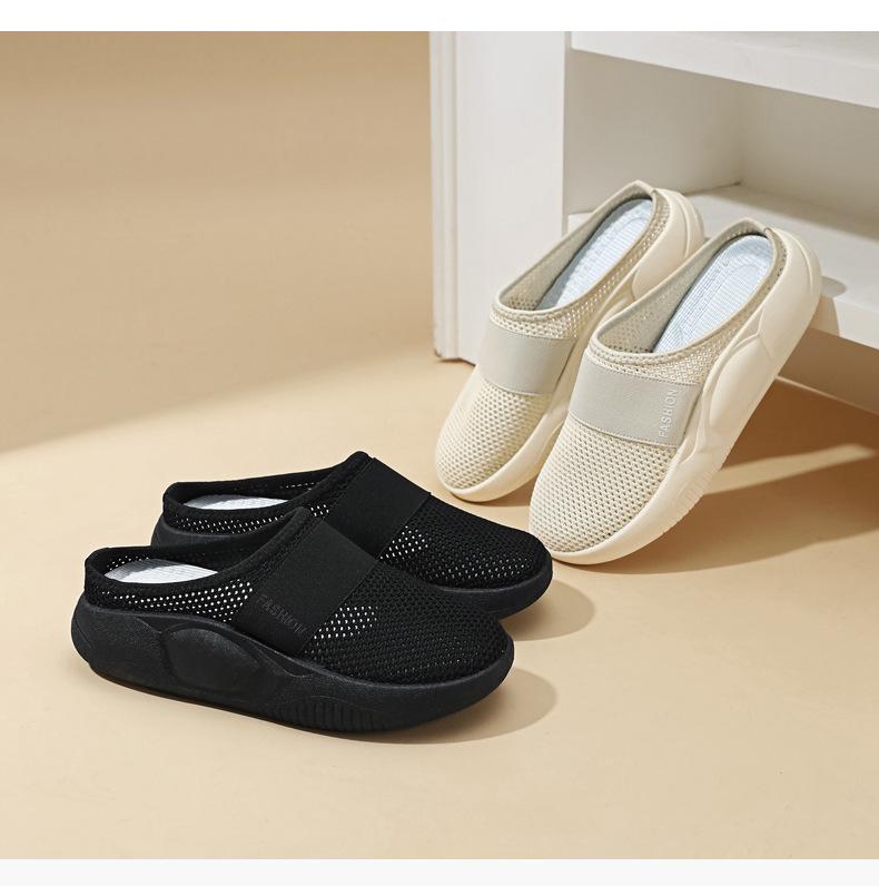 Women's Slip-On Breathable Flyknit Mesh Half Slippers - Comfortable, Casual, Fashionable, Versatile, Plus Size with Hollow Design.