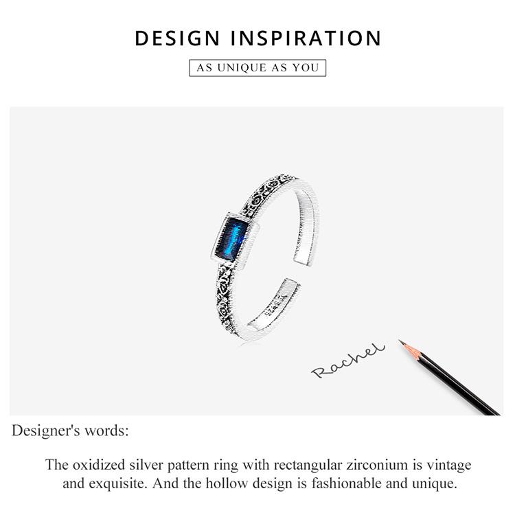 WOSTU 925 Sterling Silver Vintage Pattern & Rectangular Zirconium Ring for Women Adjustable Ring Fashion Jewelry