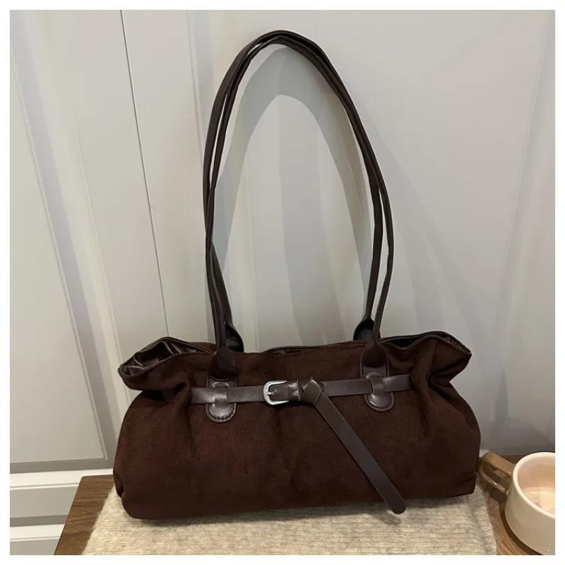 Vintage Belt Design Suede Shoulder Bags for Women Autumn Versatile Ladies Classic Handbags Large Capacity Female Tote Bag