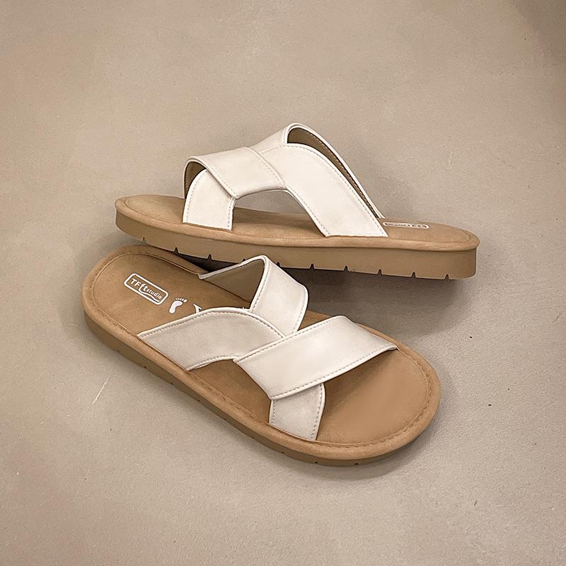 

2024 Fashion Hot Selling High Quality Summer Women s Slippers Open Toe Flat Heel Comfortable Outerwear Solid Color Women s Shoes 40 бежевый