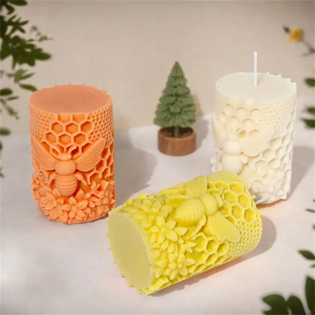 3D Κυψελωτή Κερί Στύλου Σιλικόνης Μούχλα DIY Ανάγλυφη Μέλισσα και Λουλούδι Κυψελωτός Κύλινδρος Κερί Αρωματοθεραπείας Μούχλα Γύψου Διακόσμηση