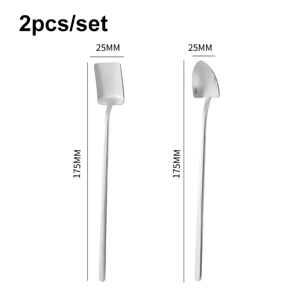2pcs/set 304 Stainless Steel Long Handled Spoon Household Shovel Shaped Dessert Spoon Coffee Mixing Spoon