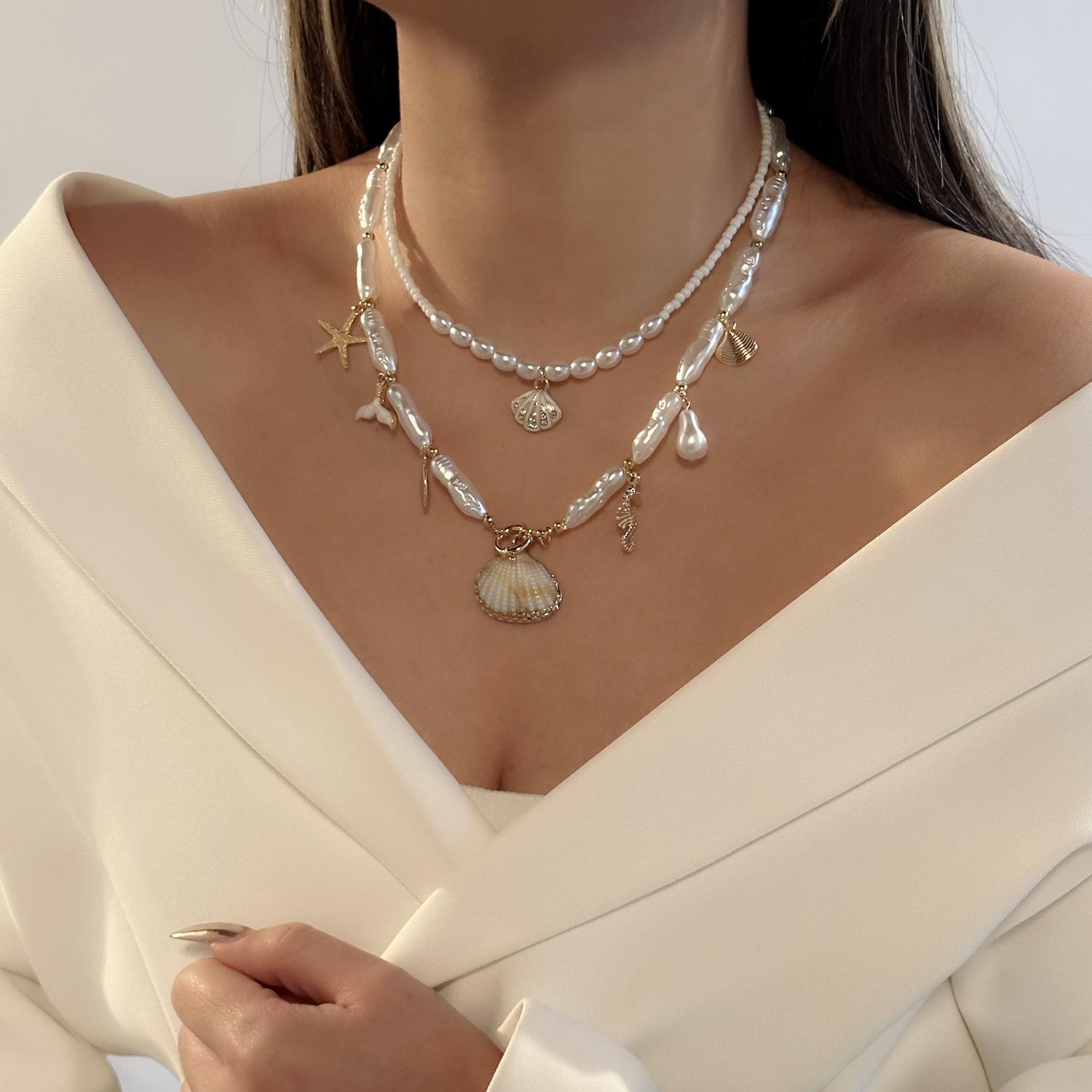 

Bohemian Elegant Multilayer Sea Shell Rice Beads Necklace For Women Starfish Pendant Y-Drop Long Tassel Necklaces Resort Jewelry