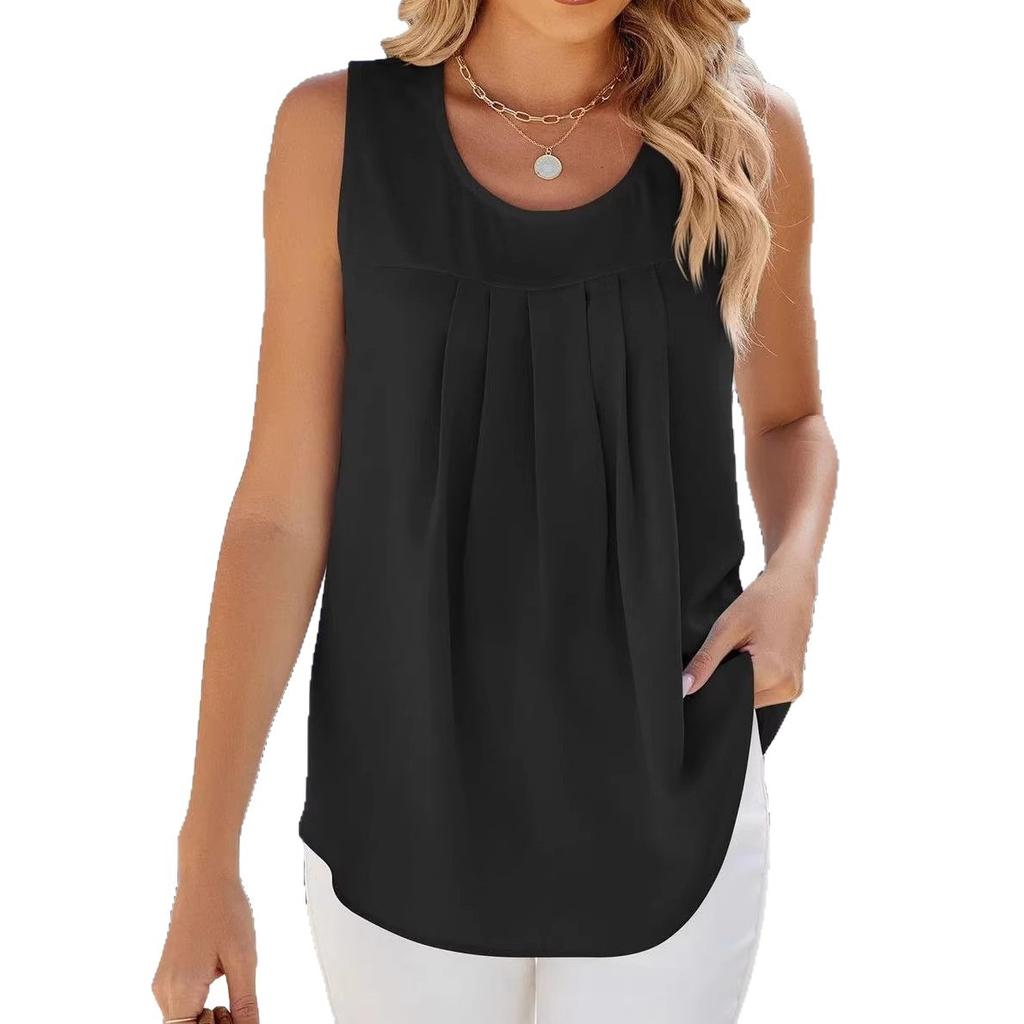 Nuova Blusa a Maniche Corte Pieghettata Girocollo Monocolore dalla Vestibilità Ampia con Cintura per Donna