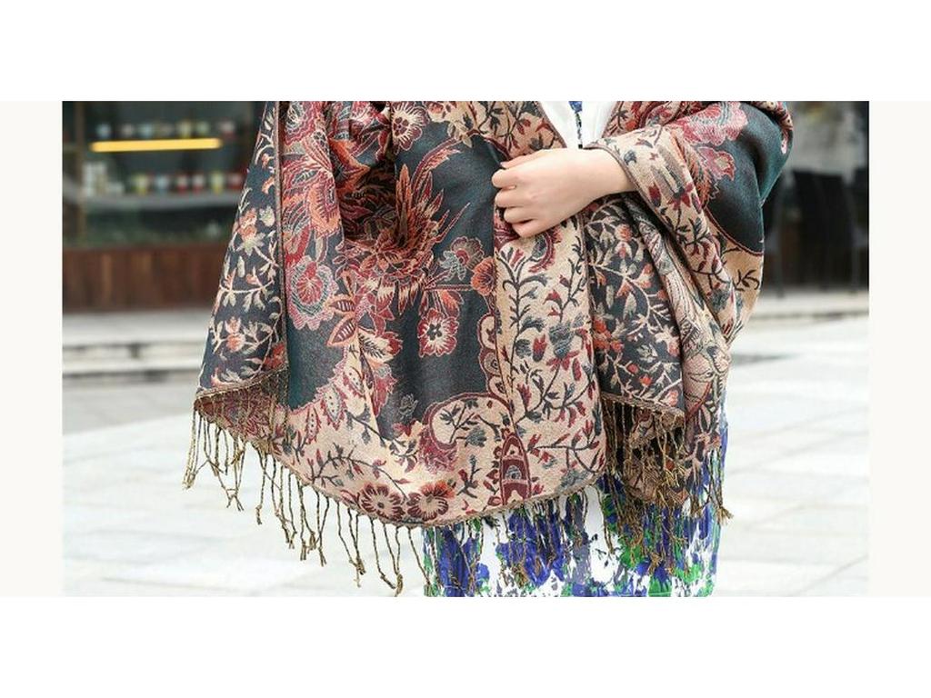 Ethnic Style Double-Sided Gold Thread Jacquard Women's Cheongsam Shawl Scarf - Thickened for Autumn and Winter