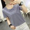 Women's Cotton Short-sleeved T-shirt Women's Summer Loose Striped V-neck Top Half-sleeved