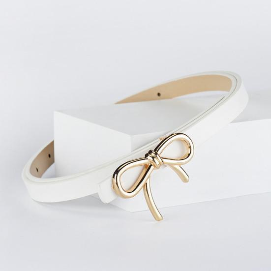 Women Belt Solid Color Metal Bowknot Decorated Imitation Leather Strap Belt Adjustable Holes Slim Waistband