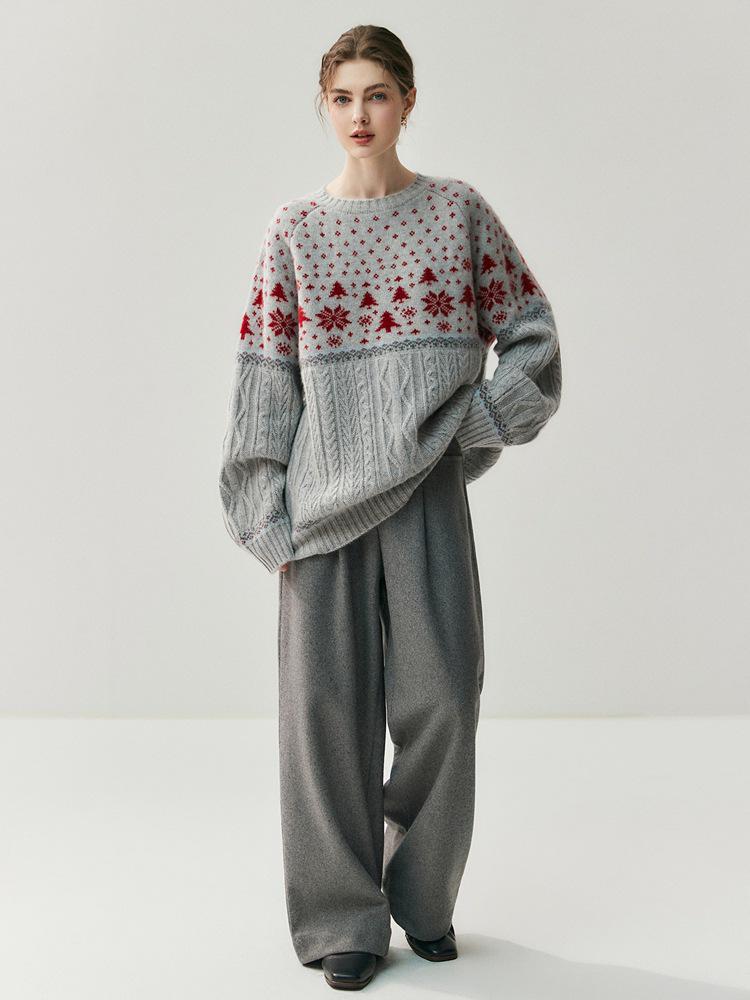 Women's Cashmere Snowflake Drop-Shoulder Sweater - Warm, Super Thick Crew Neck for Autumn/Winter