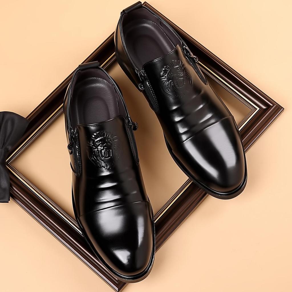 Men's Autumn/Winter Business Casual Leather Shoes with Lion Head Zipper – High & Low Top, Pointed Style