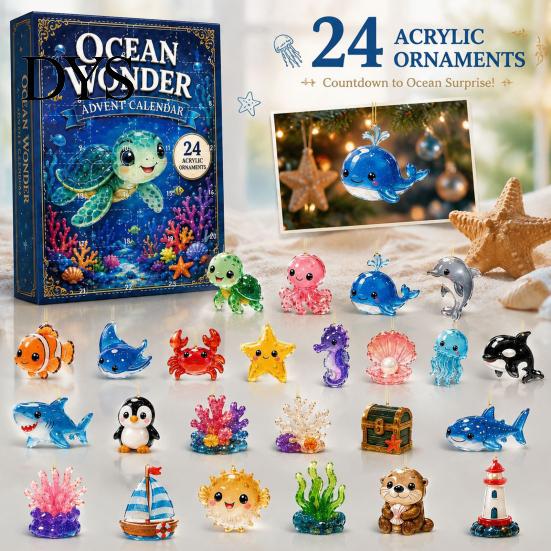Sea Creature Hanging Ornaments Ocean Advent Calendars 2026, Marine Themed 24 Days Christmas Countdown Calendar, Birthday Gifts for Lovers 2D