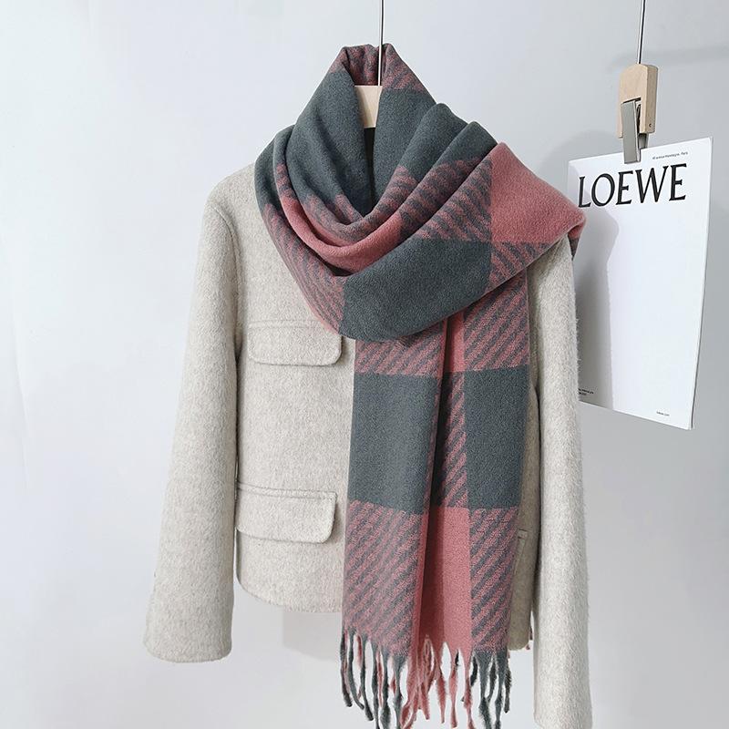 Autumn and winter new imitation cashmere plaid scarf female student simple and versatile couple shawl thickened fringed scarf