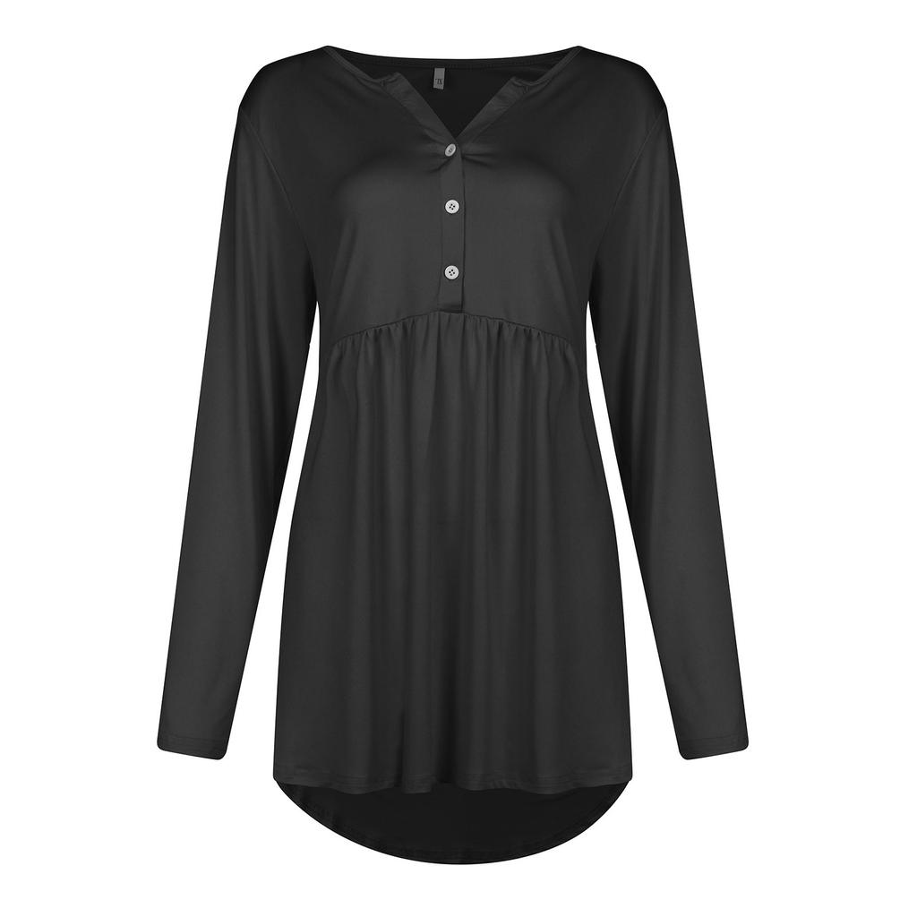 Women's Large Size Casual Color V-neck Buttoned Waist And Large Hem Stitching Long-sleeved Loose T-shirt Top