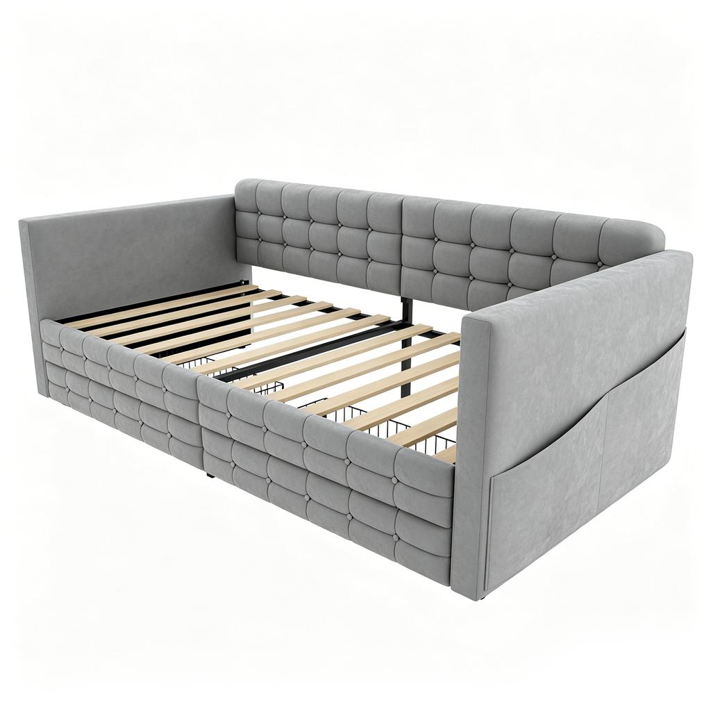 Upholstered Sofa Bed 90x190, Checkered Pattern, Storage Compartments On Sides, Two Drawers Under Bed, Guest or Single Bed, Velvet Fabric, Light Grey
