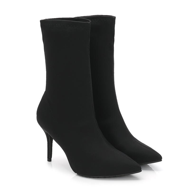 

Модные корейские ботинки на высоком каблуке, женские, осень-зима, с эластичным носком, женские, на тонком каблуке, ботинки челси, женские 4.5 чёрный