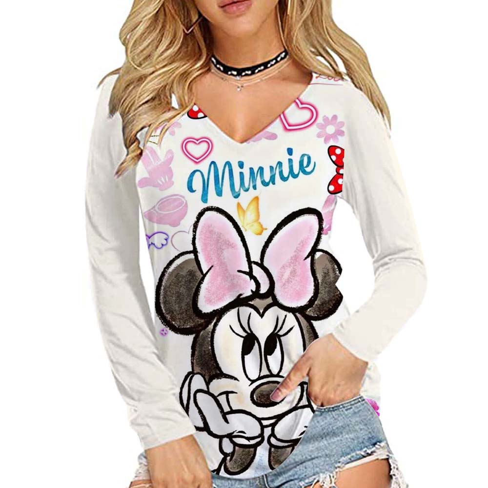 Disney Mickey Mouse Printed Women's Basic Long Sleeve Loose V-neck T-shirt Autumn/Winter 10 Color T-shirt Street Wear