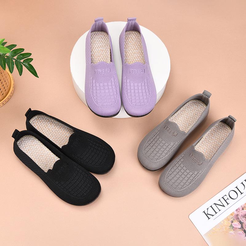 Plaid Flats Shoes for Women Summer New Genuine Mesh Breathable Middle-Aged and Elderly Casual Non-Tiring Non-Slip Soft-Soled Mother's Shoes