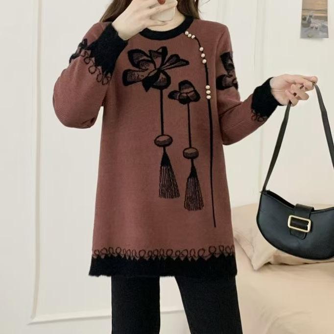 Stylish Floral Knitted Sweater for Middle-Aged & Elderly Women - Perfect for Spring & Autumn