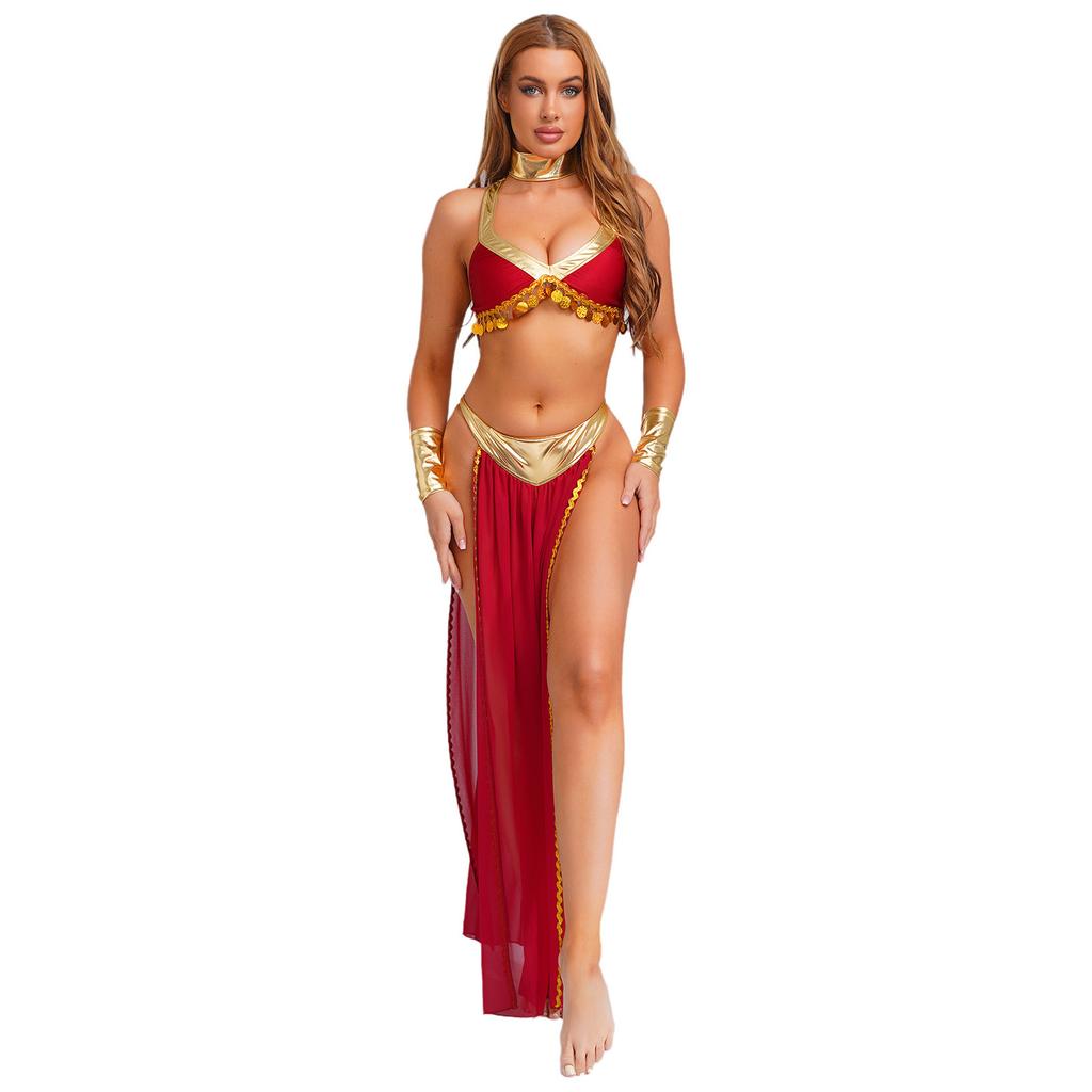 4-Piece Egyptian Queen Costume Set S-4XL for Womens - Crop Top Collar Sleeves and Side Slit Chiffon Skirt with Metallic Shiny Details