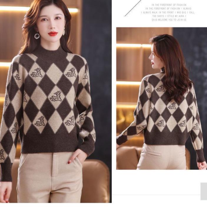 Fall/Winter Vintage Jacquard Sweater Women High Neck Knit Sweater Short Thick Loose Print Knitwear Top Jumper