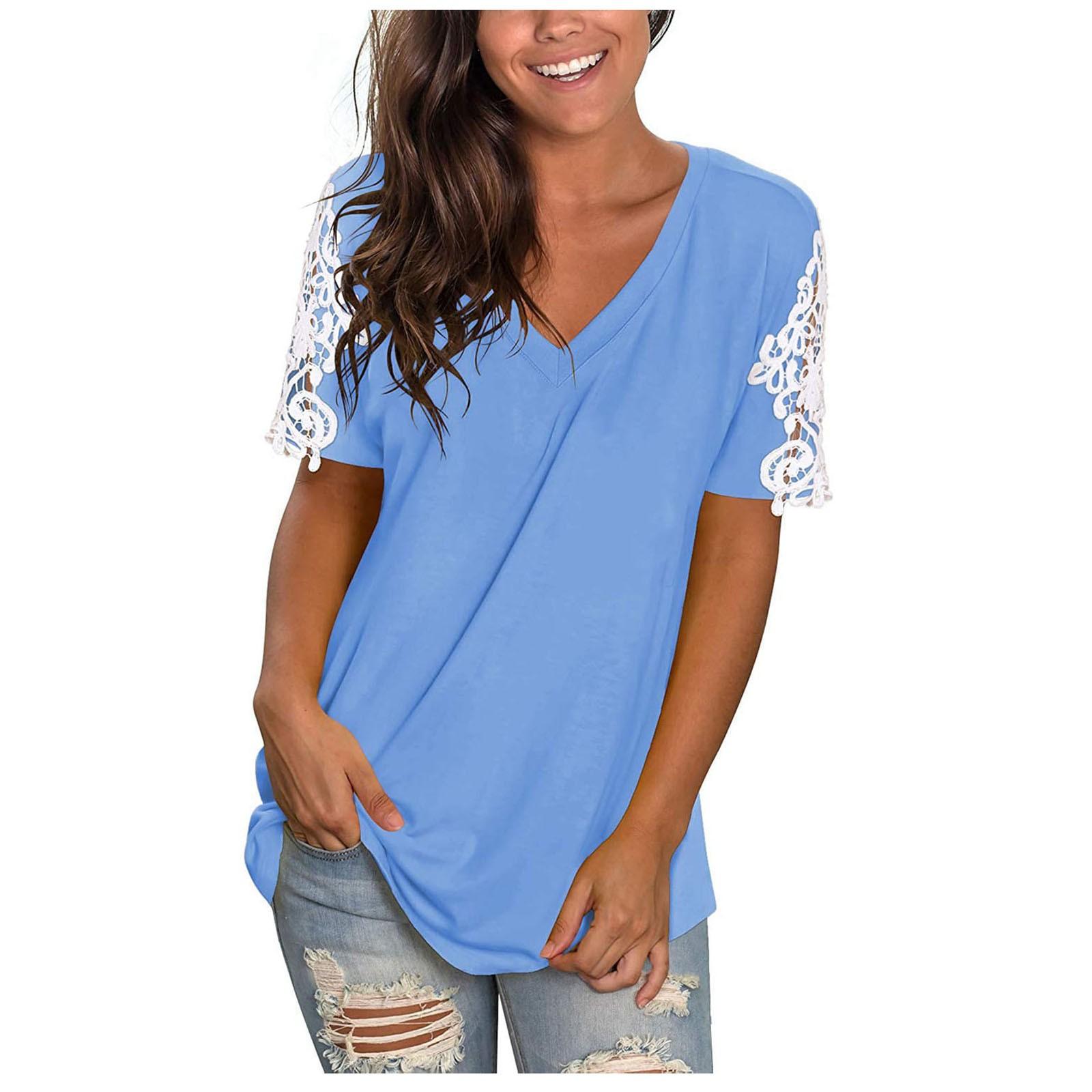 

(SU)Women s Lace Short Sleeve V-Neck T-Shirt Loose Casual Summer Tee Tops