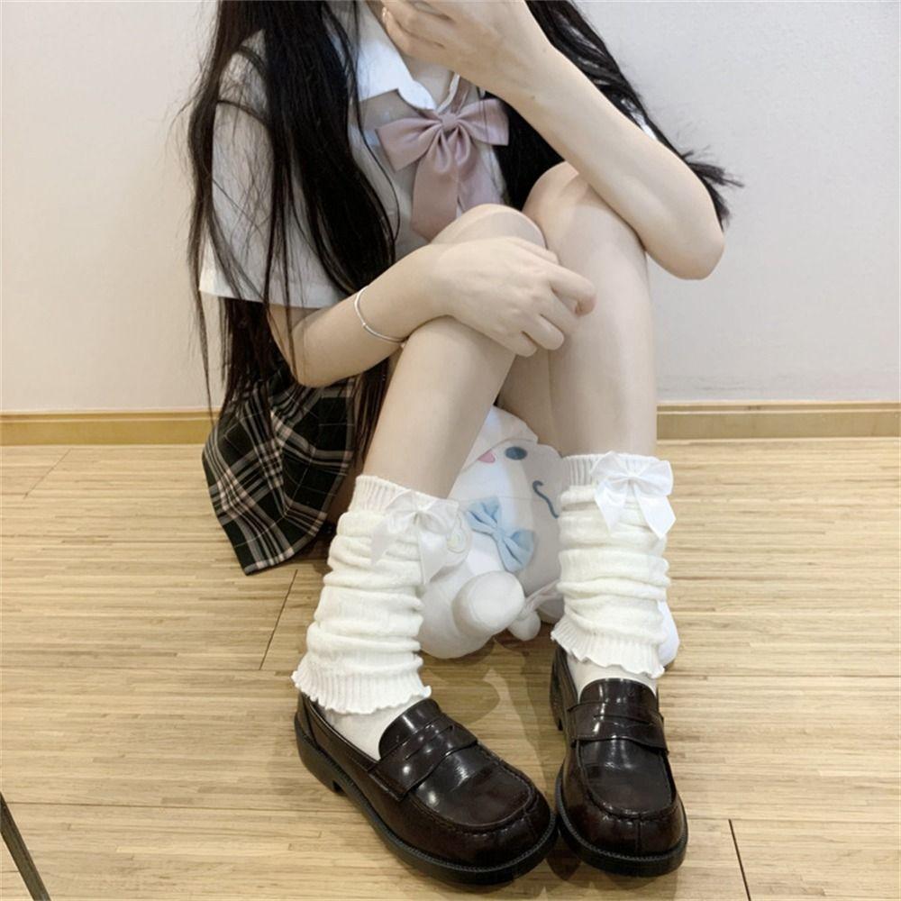 

Bow Tie Knitted Socks Keep Warm JK Stockings Cute Lolita Long Socks for Winter Autumn A/black