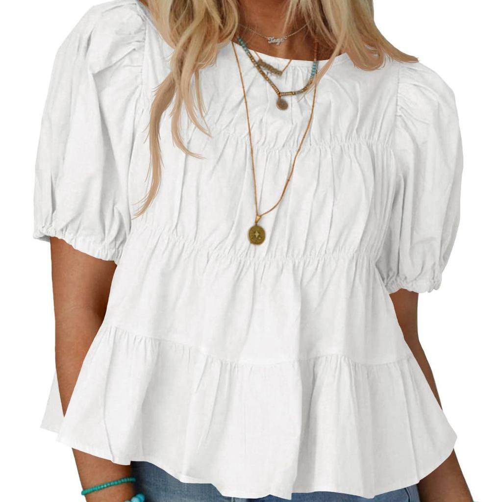 New Summer Puffed-sleeve Doll Shirt, Short-sleeved Loose and Casual A-line Pleated Stylish Top