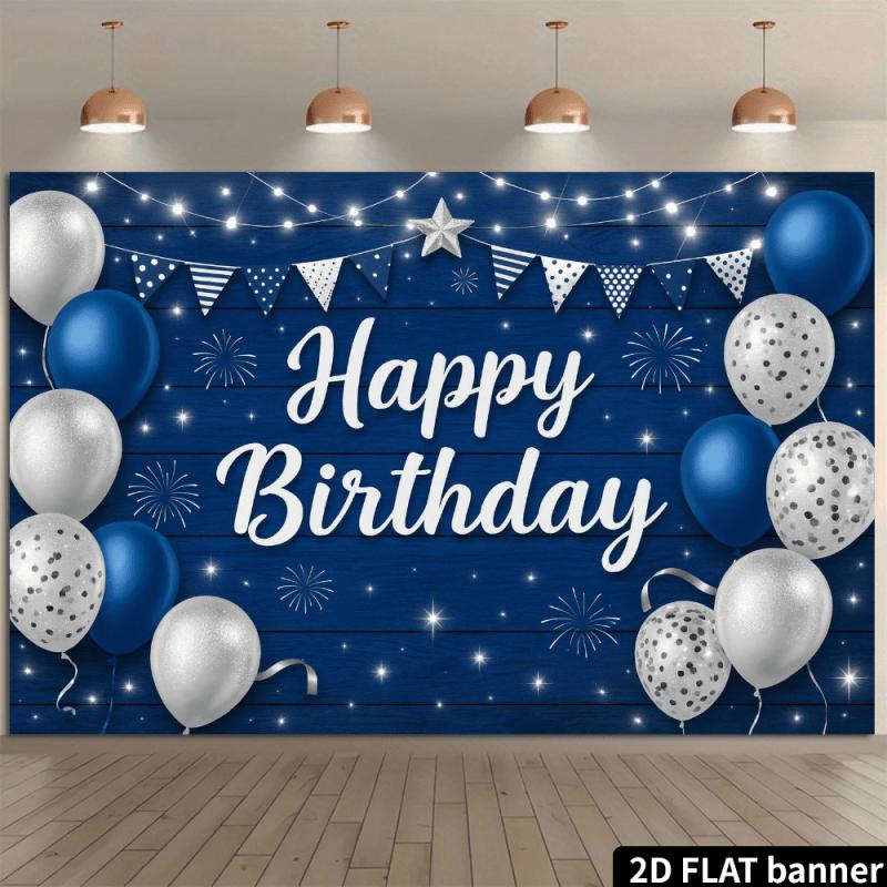Dark Blue Starry Sky Designed Birthday Party Backdrop Silver Glitter Balloons and Fireworks Elements