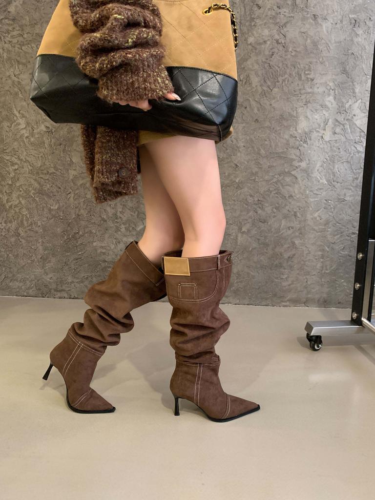 New stacked boots thin heel retro French single boots high heel spice girl wind pointed cowboy boots long boots