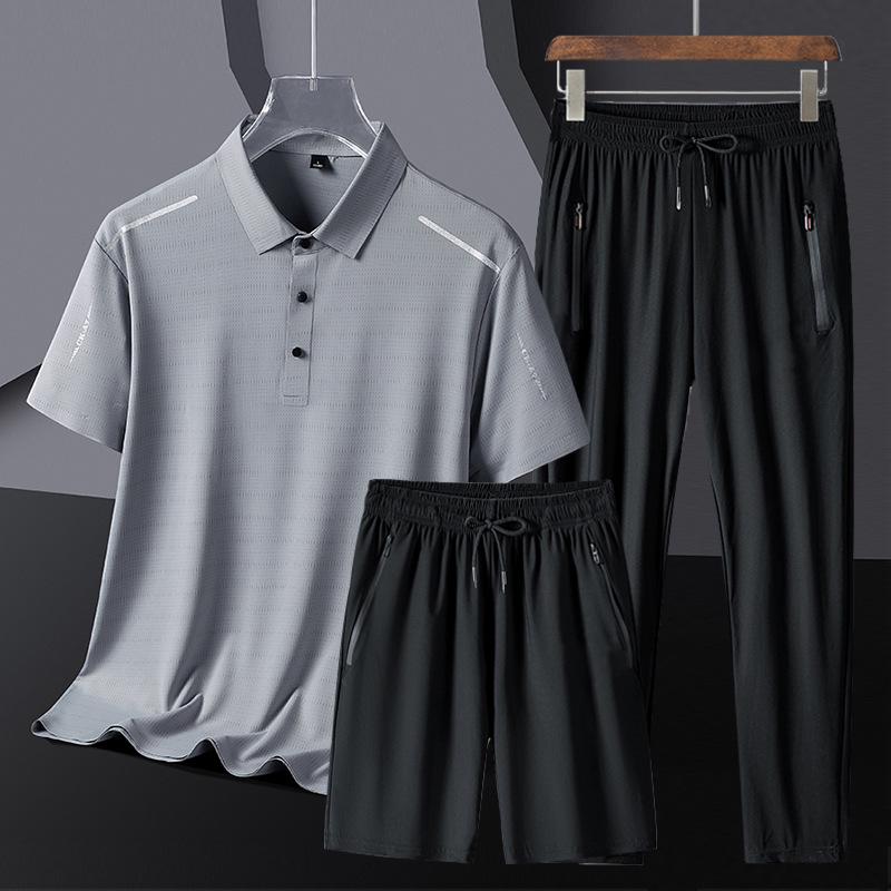 Men's Summer Ice Silk Sportswear Set: POLO Shirt, Short Sleeve, and Trousers, Plus Size, Three-Piece Set.