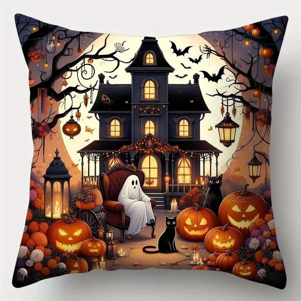 Home Decor Halloween Themed Ghosts, Cats And Pumpkins Pillows Pattern Cushion Cover Suitable For Sofa Bedroom Car