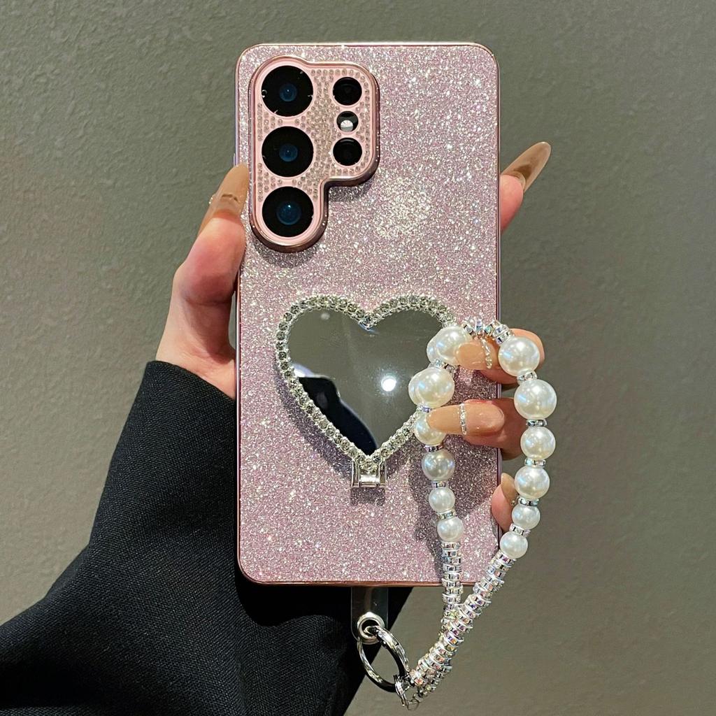 Applicable To Samsung S26Ultra Mobile Phone Case Love Makeup Mirror S25ULTRA All-inclusive Diamond-encrusted Lens Fine Flash