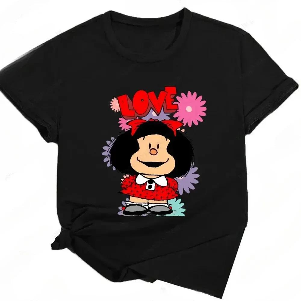 

Women Summer Harajuku Girls Streetwear Cute Cartoon Black Womens Clothing Mafalda Print Funny Graphic T Shirts 4XL