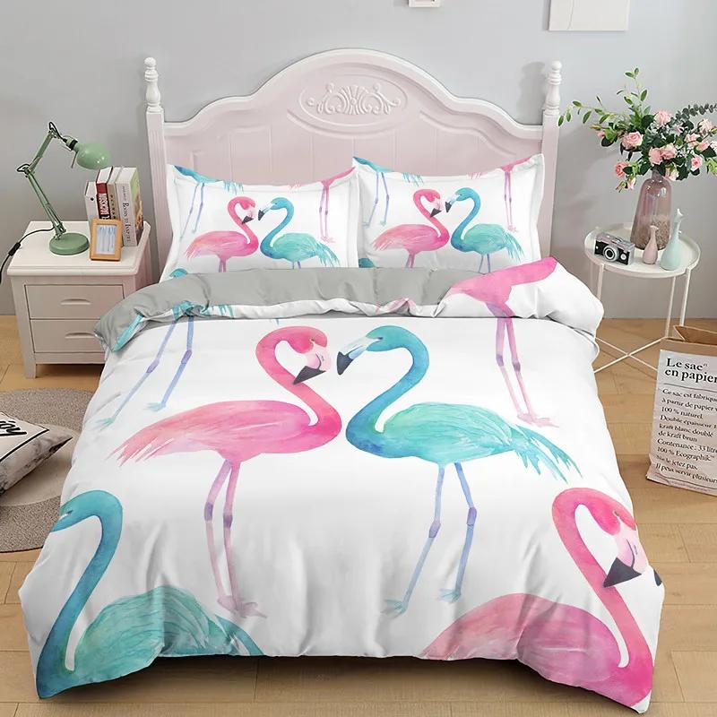 3D Flamingo Printed Beding Set King Quen Sized Dimensions Carton Pink Animals Soft Duvet Cover Featuring Pilowcases 2/3pcs Polyester Comfortable Quilt