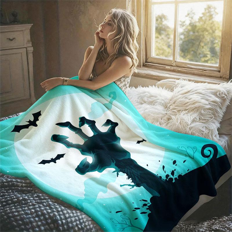 Zombie Hand Moon Teal Flannel Blanket Perfect for Sofa Office Bed Travel Sleep Read Relax Camping Four Season Use