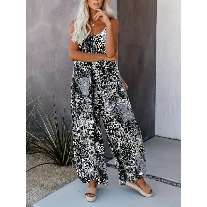 Women's Floral Print Spaghetti Strap Jumpsuit Casual Loose Wide Leg Overall with Pockets