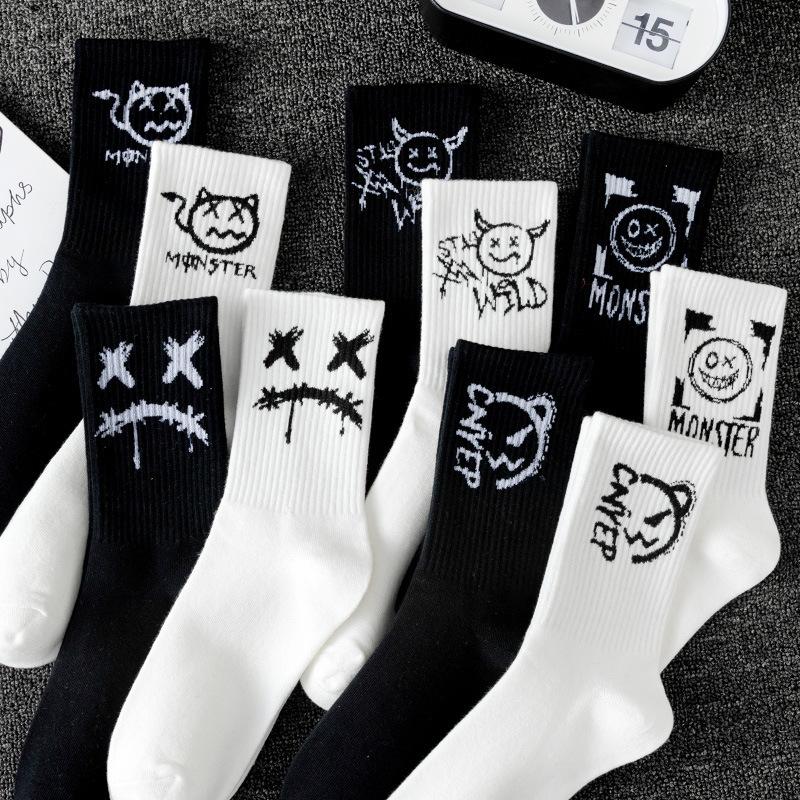 Grimace Large Size Women's Sports Socks Black and White Basketball Stockings Autumn and Winter Men's Medium Tube Socks