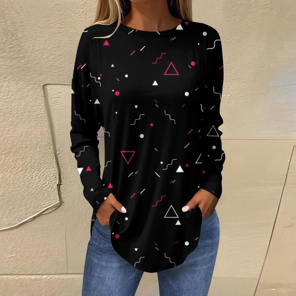 Women s T-shirt 3D geometric irregular printing fashion long-sleeved round neck regular tops holiday weekend spring and autumn S